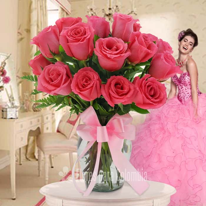 Arreglo Floral una cara rosas rosadas x 18
