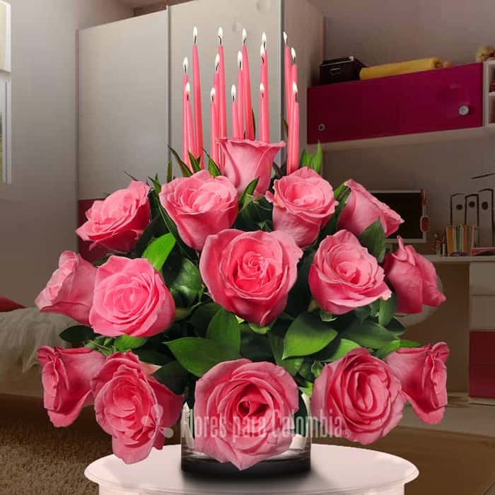 Arreglo Floral una cara rosas rosadas x 15