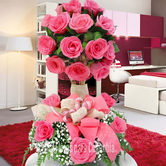 Arreglo Floral una cara rosas rosadas x 24