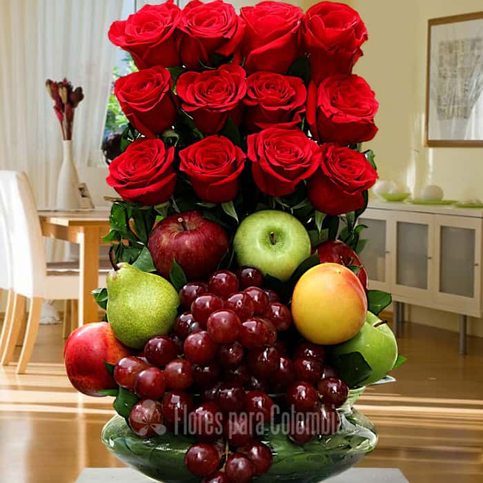 frutero rosas rojas x 12 y frutas