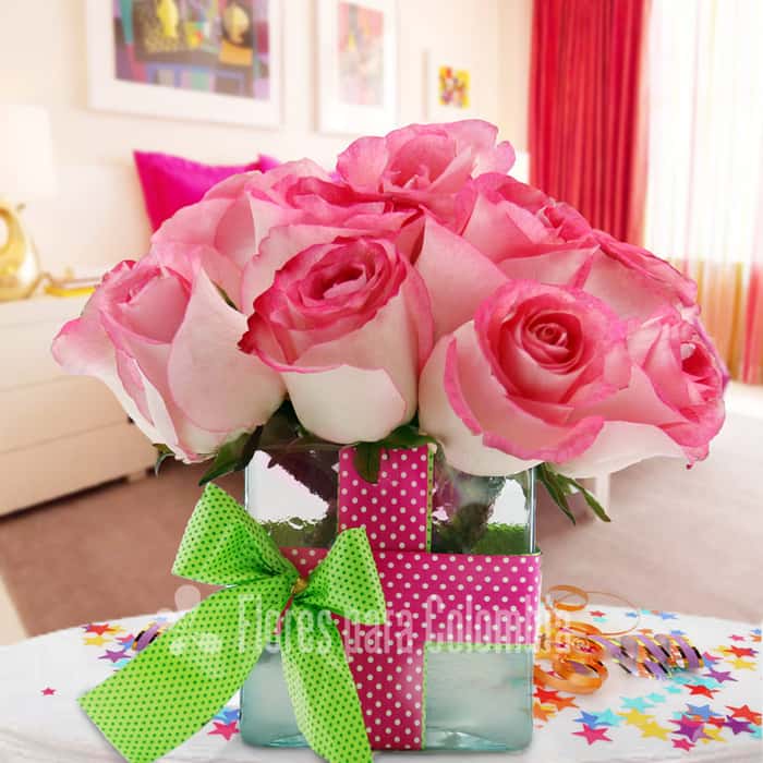 Arreglo Floral una cara rosas rosadas x 12