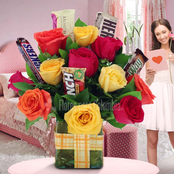 Arreglo Floral una cara rosas varios colores x 12