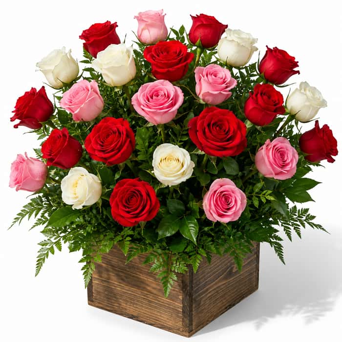 Arreglo floral Combinado rosas rojas, rosadas y blancas x 24