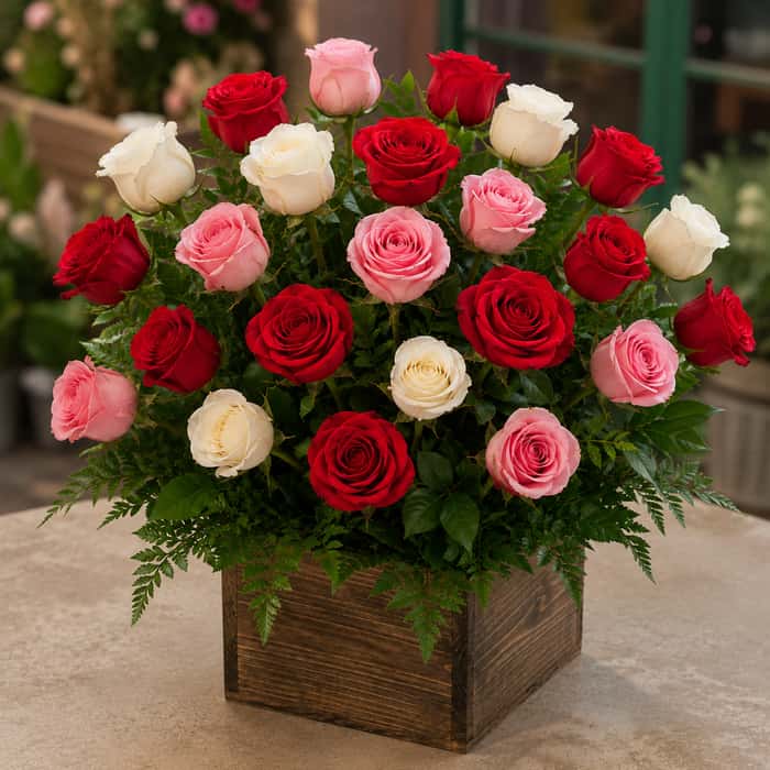 Arreglo floral Combinado rosas rojas, rosadas y blancas x 24