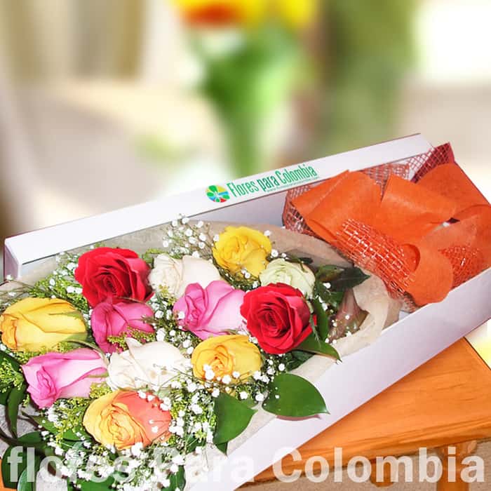 caja rosas varios colores x 12
